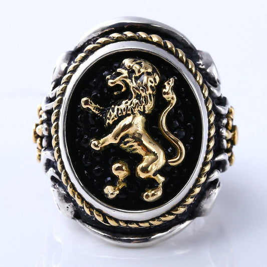 Ring : Oval Bezel Scroll Inlay w/K18Lion&Side Cross&Ropeedge w/Diamond(Side)
