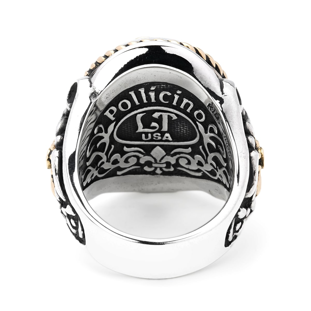 Ring : Oval Bezel Scroll Inlay w/K18Wolf&Side Cross&Ropeedge w/Diamond(Side) w/Stingray