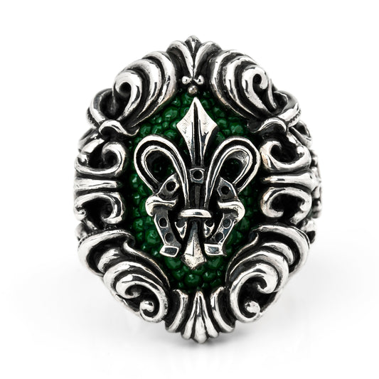 Ring : Dedication Inlay w/Fleur-de-lis Horseshoe w/Stingray Green