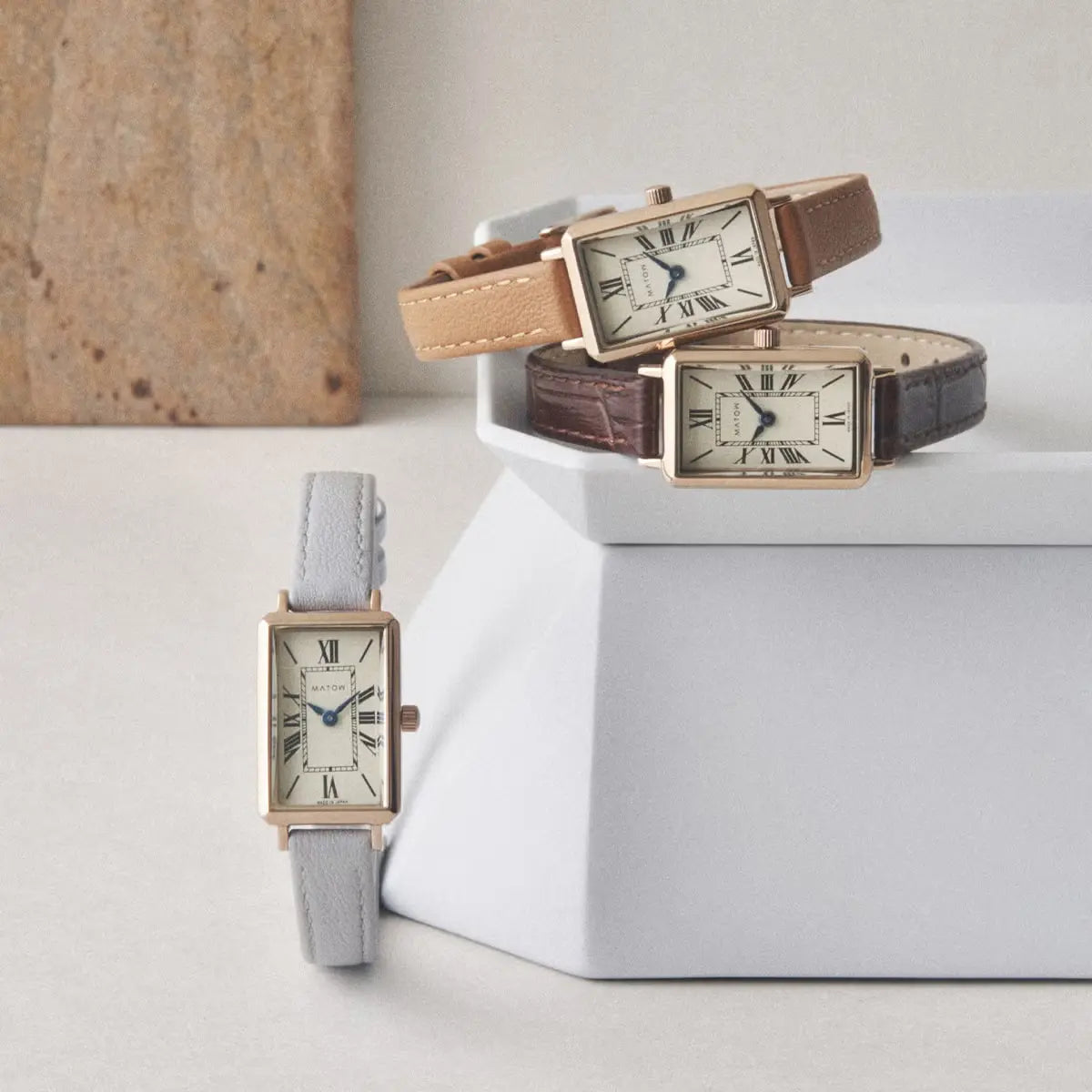 Tsuki Square Rose Gold Cream Embossed Dark Brown Leather
