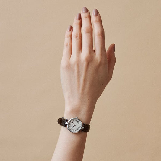 AURA ROUND ROSE GOLD BROWN LEATHER