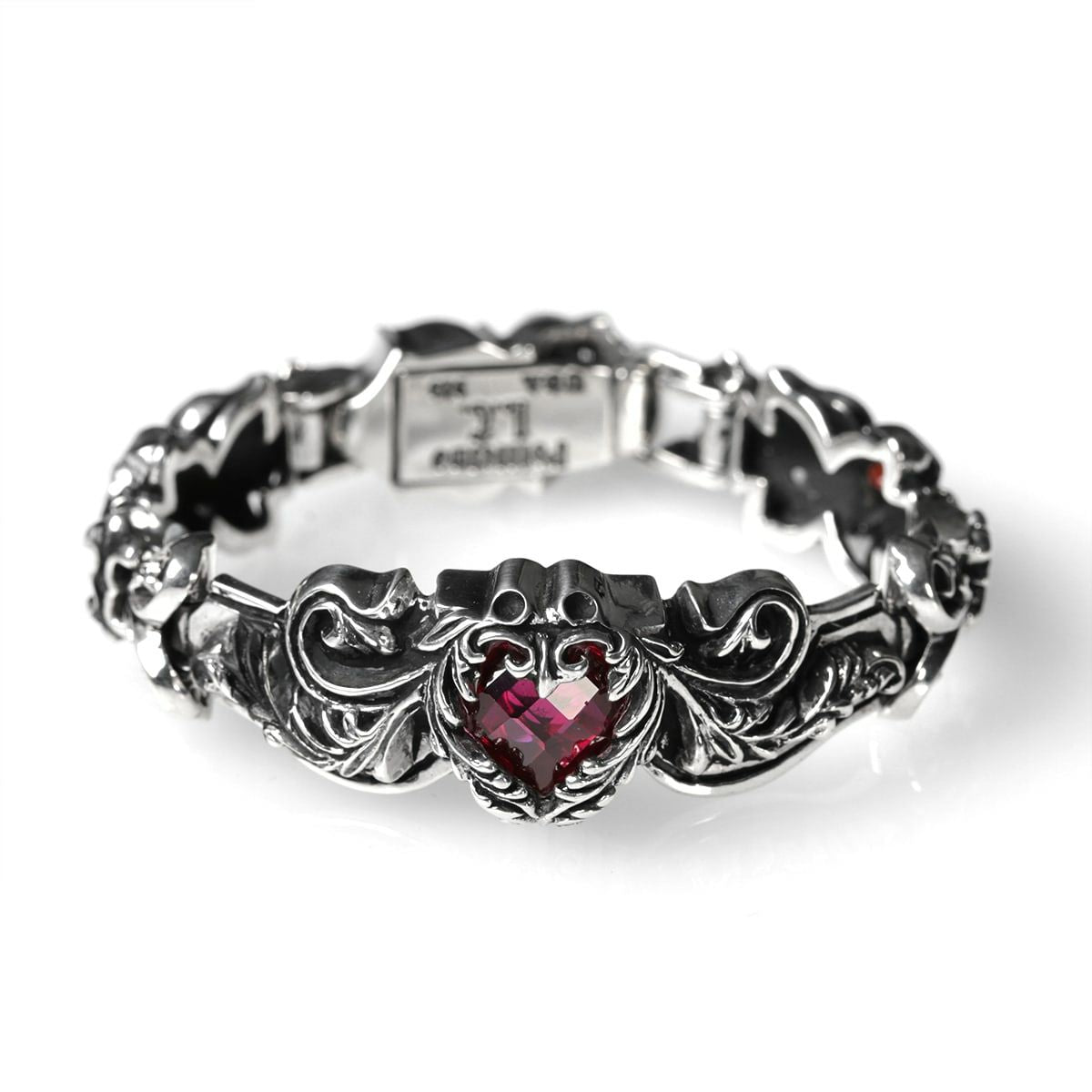 Bracelet : Scroll Heart w/CZ Stone&Garnet