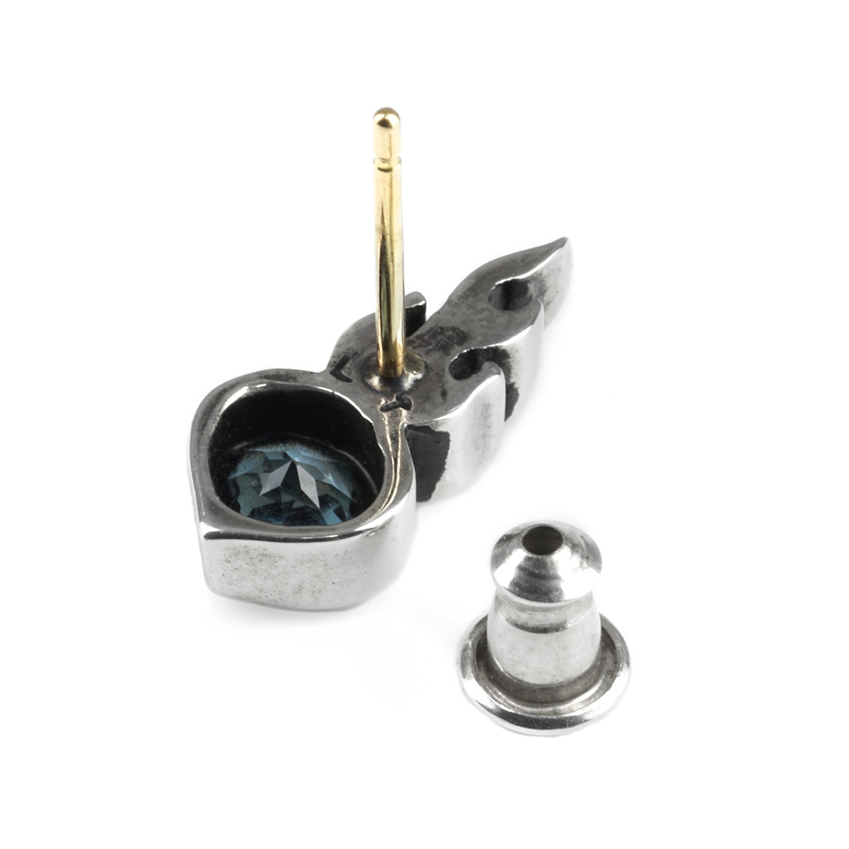 Earring : Small Sacred Heart Stud w/Blue Topaz