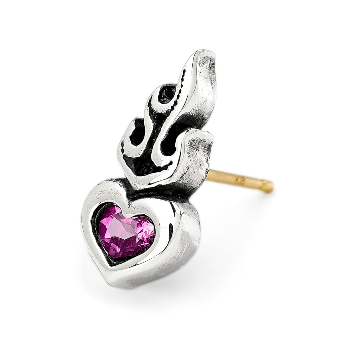Earring : Small Sacred Heart Stud w/Pink Topaz