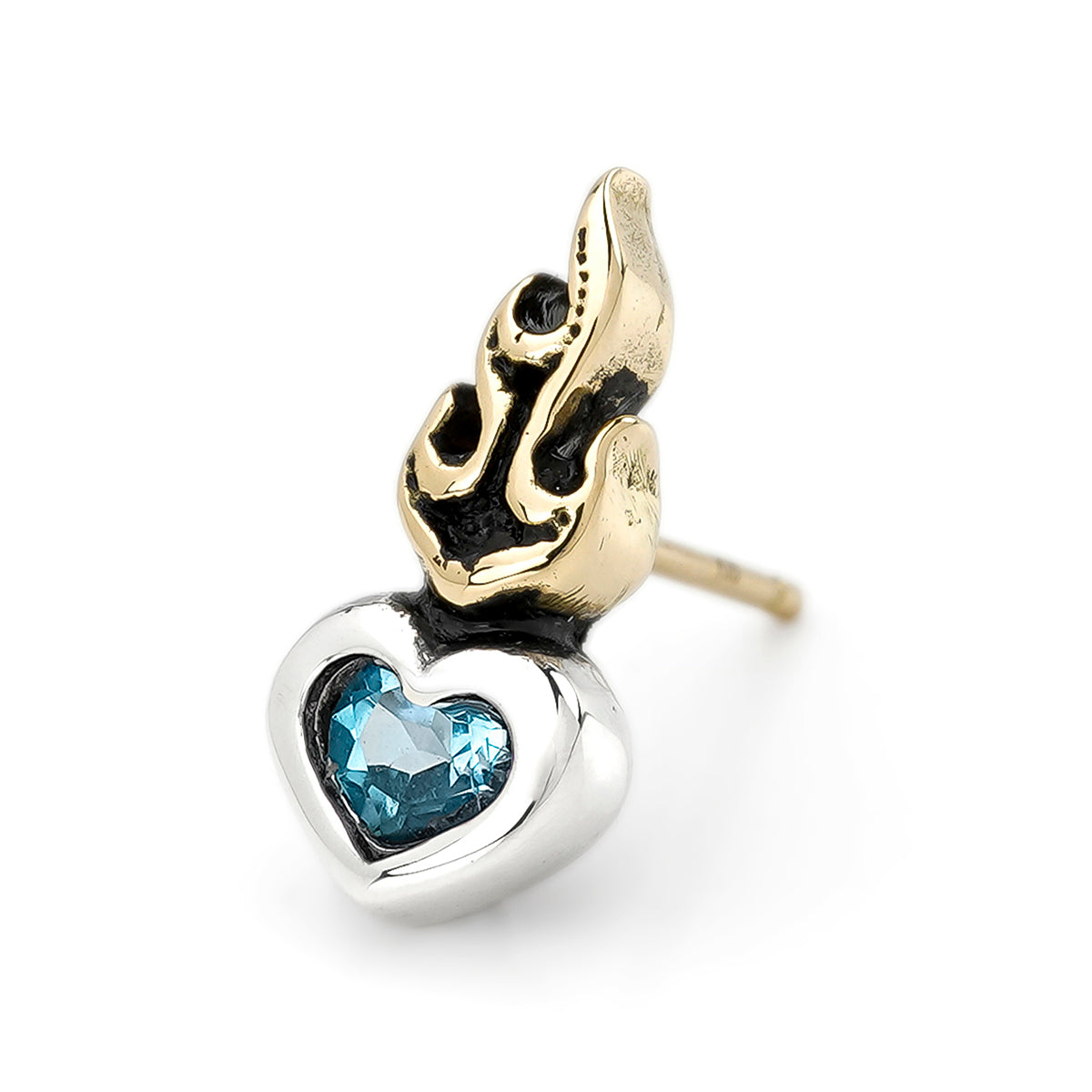 Earring : Small Sacred Heart Stud w/K18Flame w/Blue Topaz