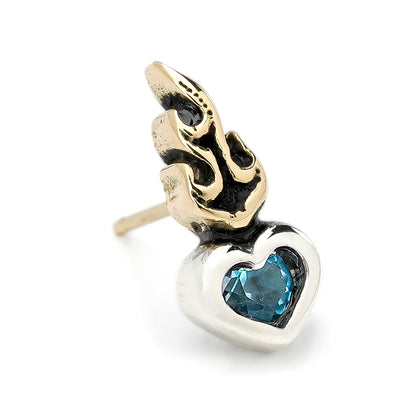 Earring : Small Sacred Heart Stud w/K18Flame w/Blue Topaz