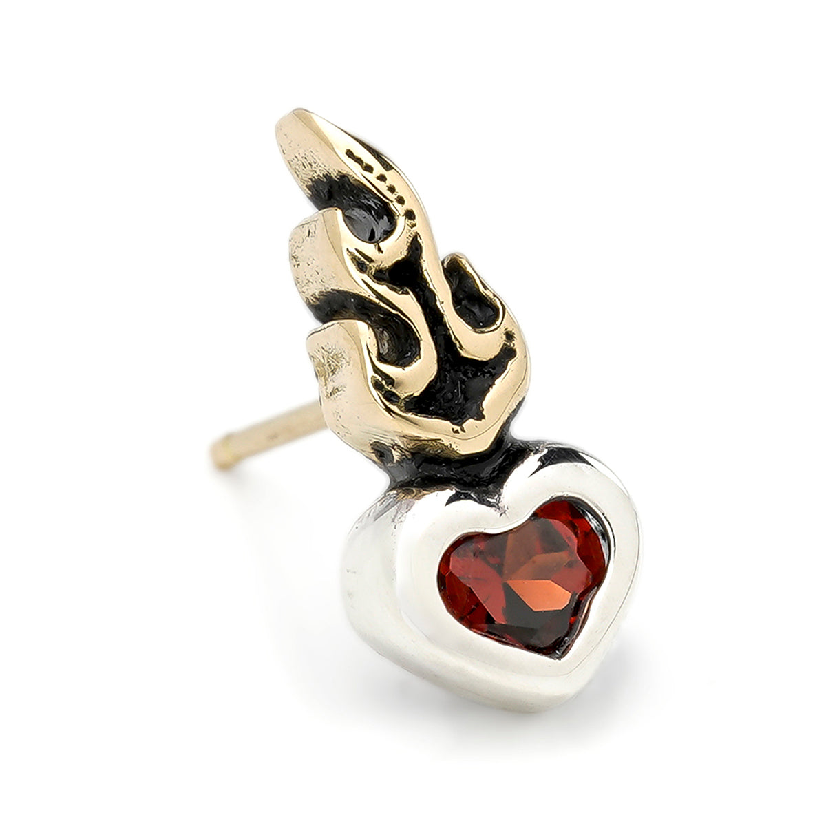 Earring : Small Sacred Heart Stud w/K18Flame w/Garnet