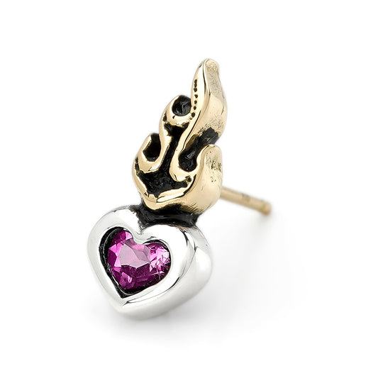 Earring : Small Sacred Heart Stud w/K18Flame w/Pink Topaz