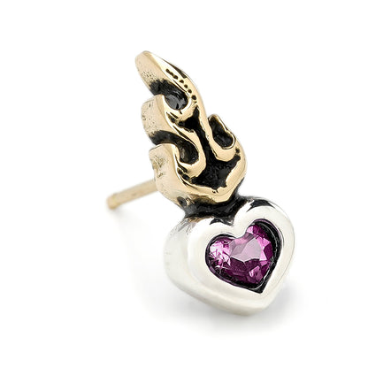 Earring : Small Sacred Heart Stud w/K18Flame w/Pink Topaz