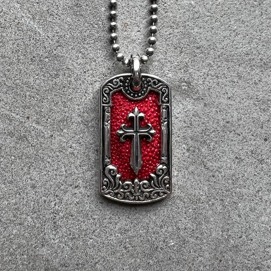 Pendant : ID Tag Medium w/Pollicino Cross w/Stingray Red