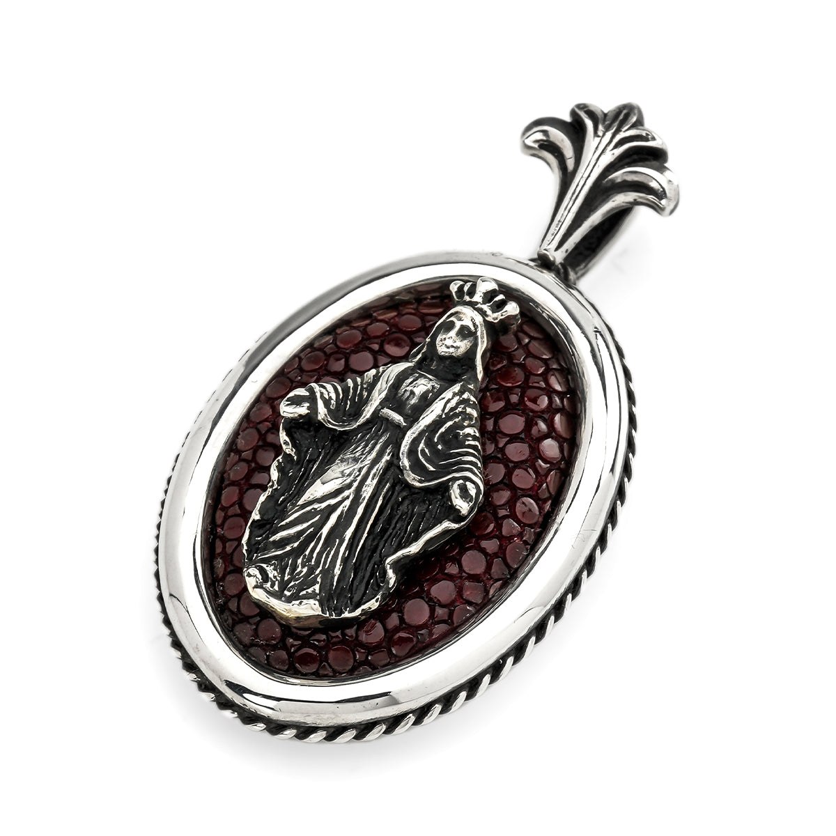 Pendant : Large Oval Inlay w/Mother Maria w/Sanded Stingray Burgundy
