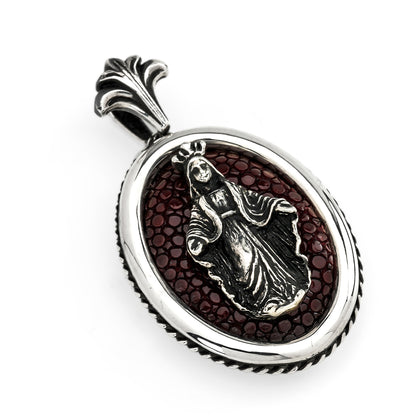 Pendant : Large Oval Inlay w/Mother Maria w/Sanded Stingray Burgundy