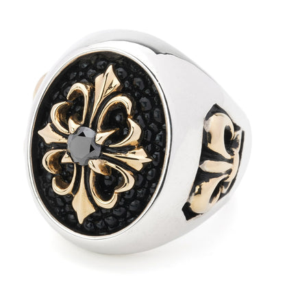Ring : Special Edition w/K18Stone Cross&Side Fleur-de-lis w/Black Diamond(Cross)