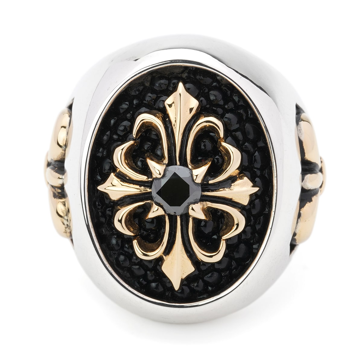 Ring : Special Edition w/K18Stone Cross&Side Fleur-de-lis w/Black Diamond(Cross)