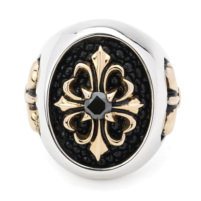 Ring : Special Edition w/K18Stone Cross&Side Fleur-de-lis w/Black Diamond(Cross)