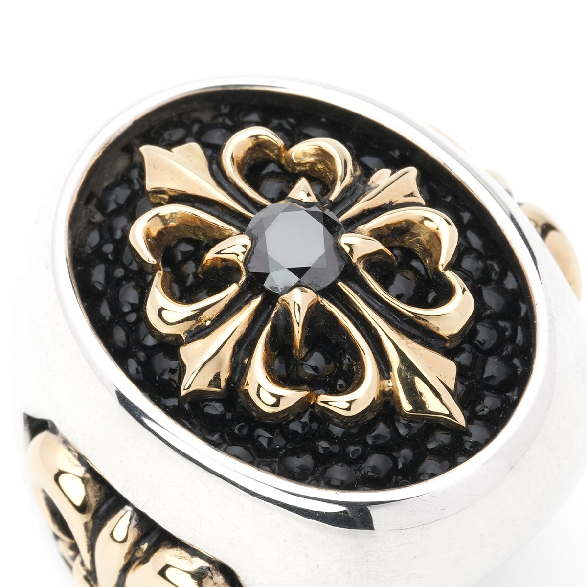 Ring : Special Edition w/K18Stone Cross&Side Fleur-de-lis w/Black Diamond(Cross)