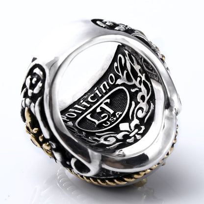 Ring : Oval Bezel Scroll Inlay w/K18Lion&Side Cross&Ropeedge w/Diamond(Side)
