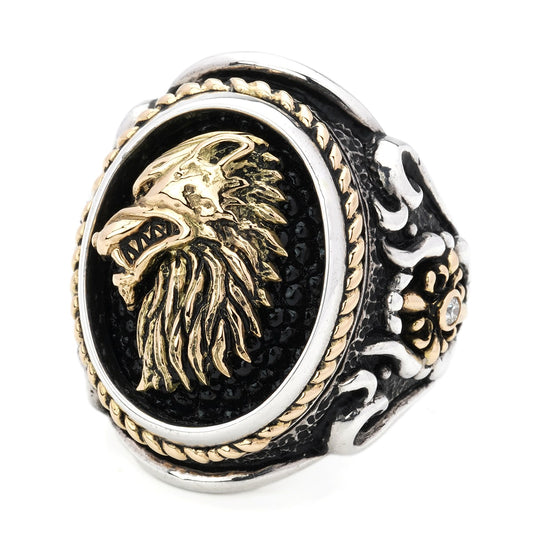 Ring : Oval Bezel Scroll Inlay w/K18Wolf&Side Cross&Ropeedge w/Diamond(Side) w/Stingray