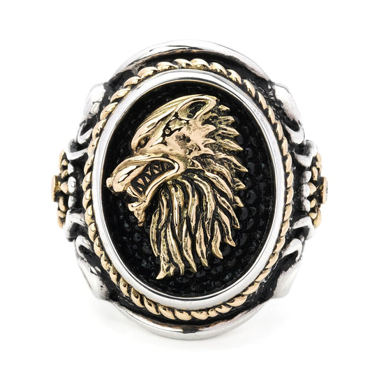 Ring : Oval Bezel Scroll Inlay w/K18Wolf&Side Cross&Ropeedge w/Diamond(Side) w/Stingray