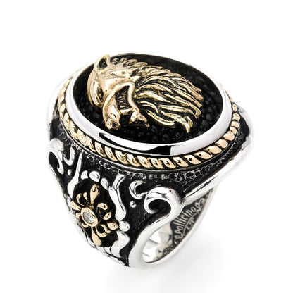 Ring : Oval Bezel Scroll Inlay w/K18Wolf&Side Cross&Ropeedge w/Diamond(Side) w/Stingray