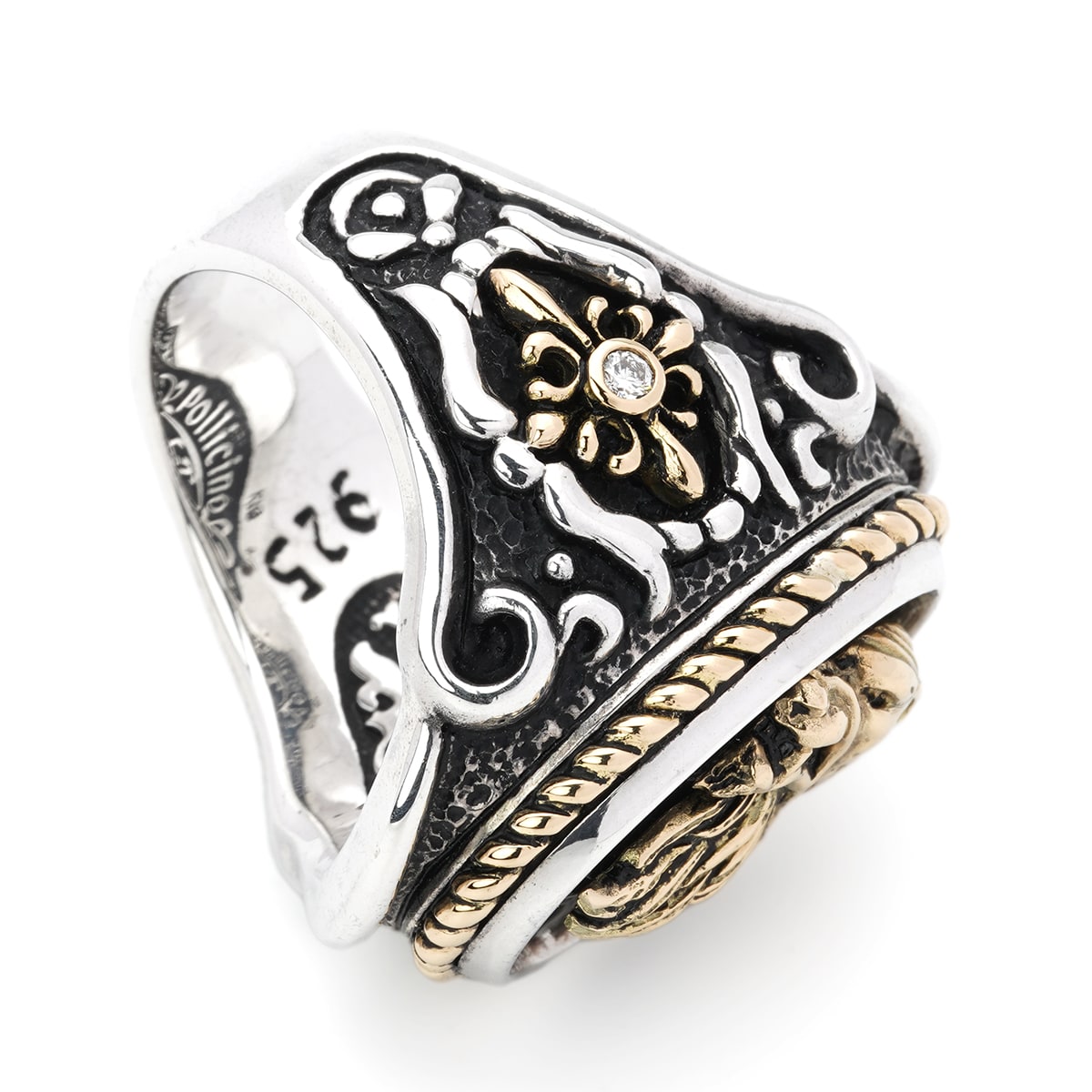 Ring : Oval Bezel Scroll Inlay w/K18Wolf&Side Cross&Ropeedge w/Diamond(Side) w/Stingray