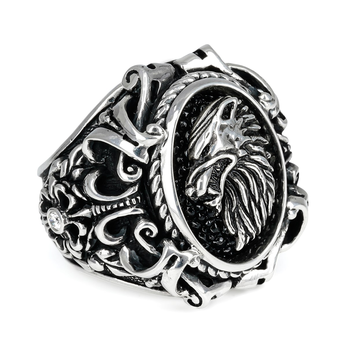 Ring : Pope's Inlay w/Wolf w/Diamond(Side) w/Stingray