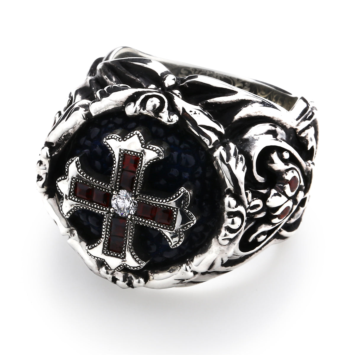 Ring : Baroque Inlay w/Spanish Galleon Cross w/Diamond(Center)&Garnet(Cross/Side)