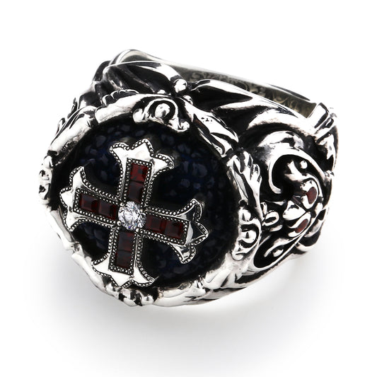 Ring : Baroque Inlay w/Spanish Galleon Cross w/Diamond(Center)&Garnet(Cross/Side)