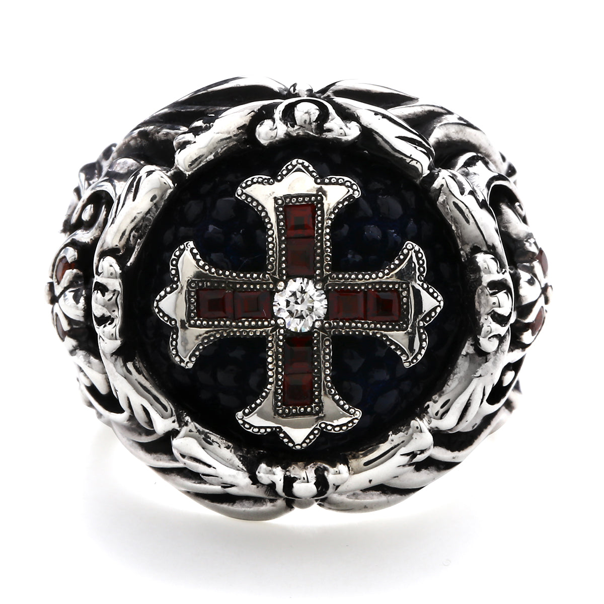 Ring : Baroque Inlay w/Spanish Galleon Cross w/Diamond(Center)&Garnet(Cross/Side)