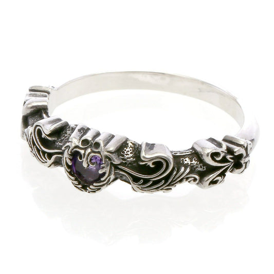 Ring : Narrow Scroll Heart w/Amethyst