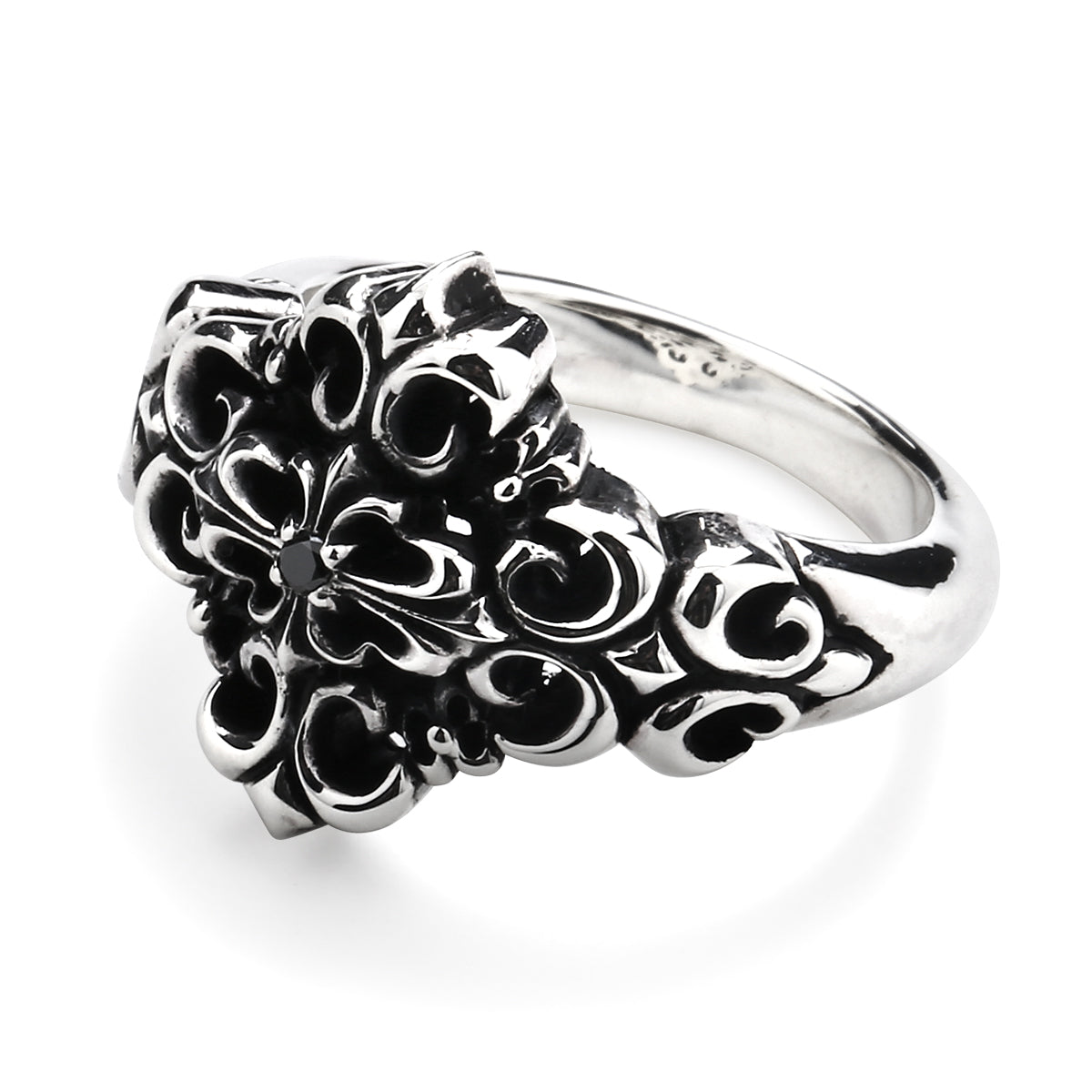 Ring : Small Four Fleur-de-lis w/Stone Cross w/Black Diamond(Cross)