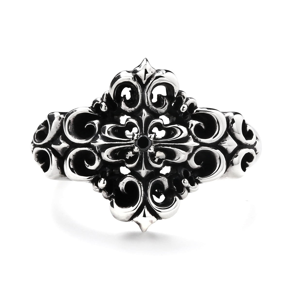 Ring : Small Four Fleur-de-lis w/Stone Cross w/Black Diamond(Cross)
