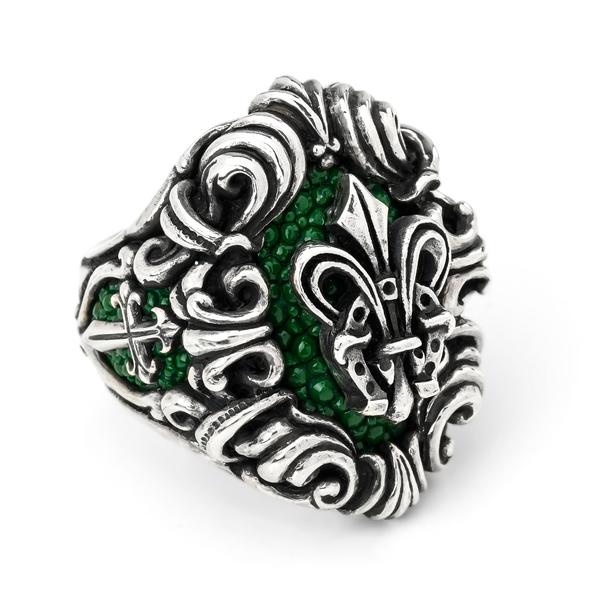 Ring : Dedication Inlay w/Fleur-de-lis Horseshoe w/Stingray Green