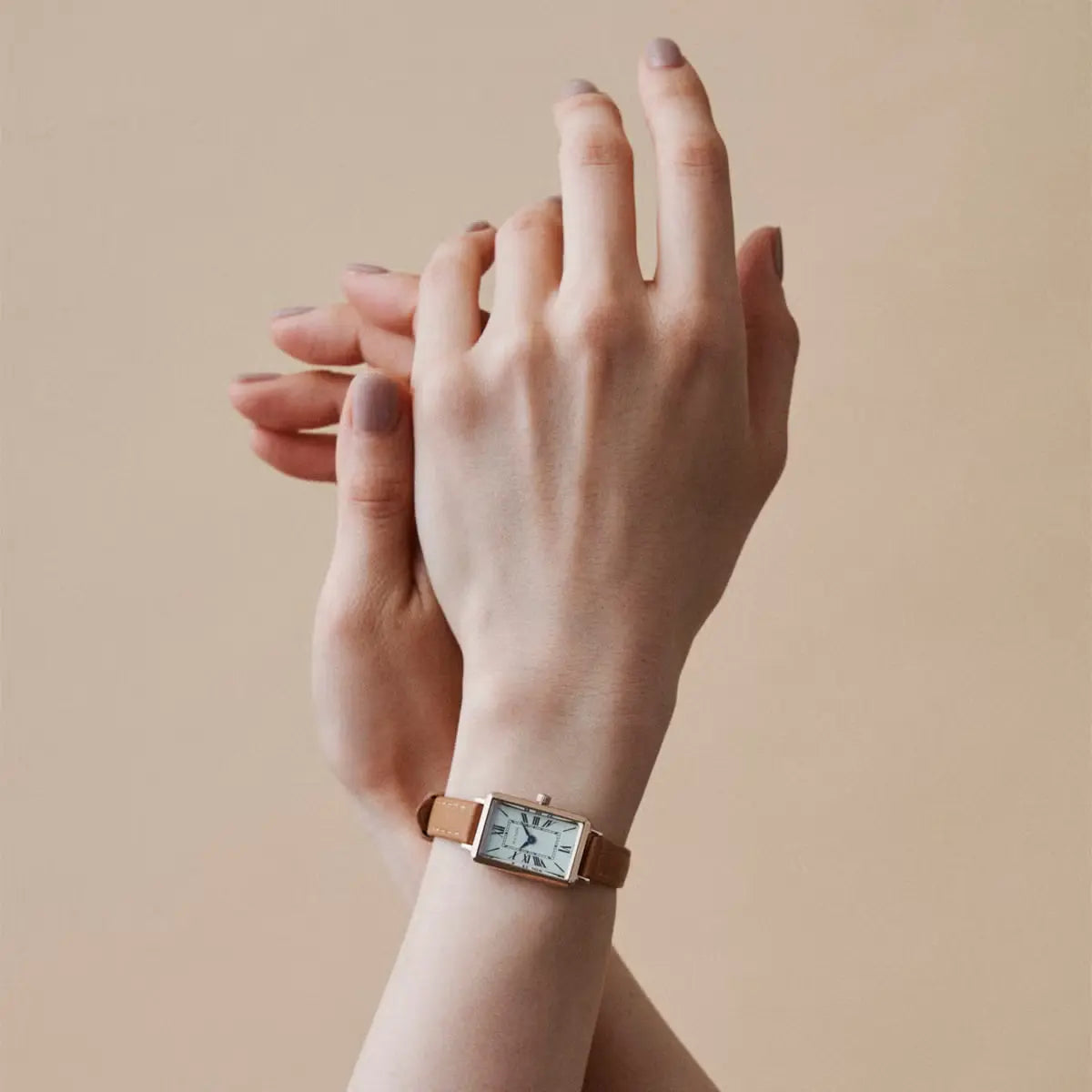 Tsuki Square Rose Gold Cream Beige Leather