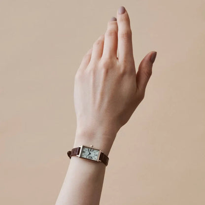 Tsuki Square Rose Gold Cream Embossed Dark Brown Leather