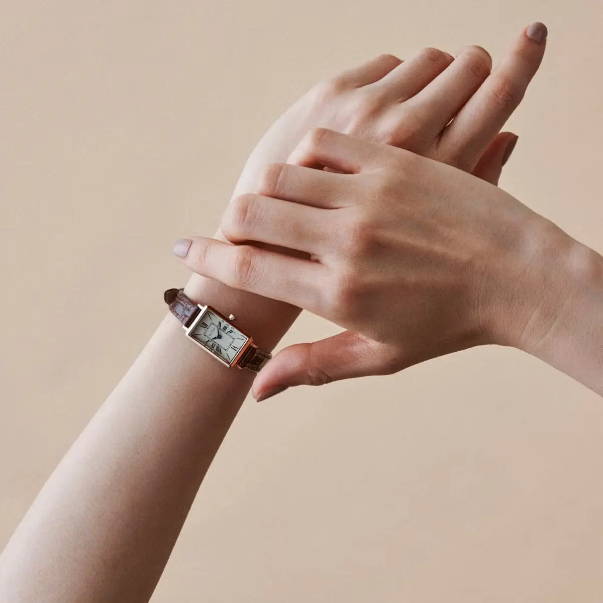 Tsuki Square Rose Gold Cream Embossed Dark Brown Leather