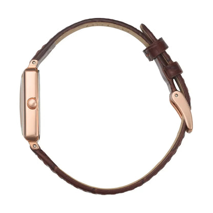 Tsuki Square Rose Gold Cream Embossed Dark Brown Leather