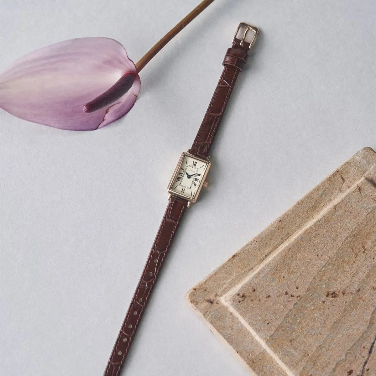 Tsuki Square Rose Gold Cream Embossed Dark Brown Leather