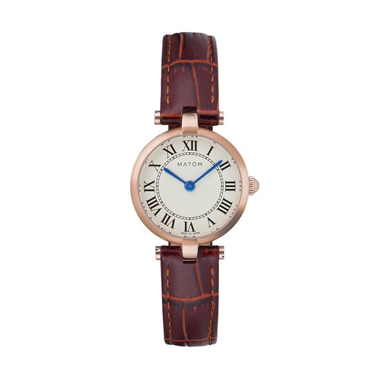 AURA ROUND ROSE GOLD BROWN LEATHER