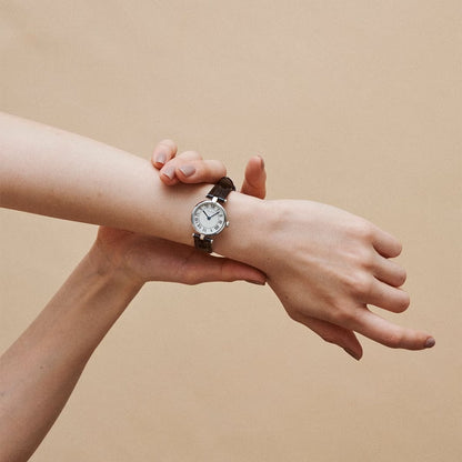 AURA ROUND ROSE GOLD BROWN LEATHER