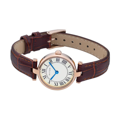 AURA ROUND ROSE GOLD BROWN LEATHER