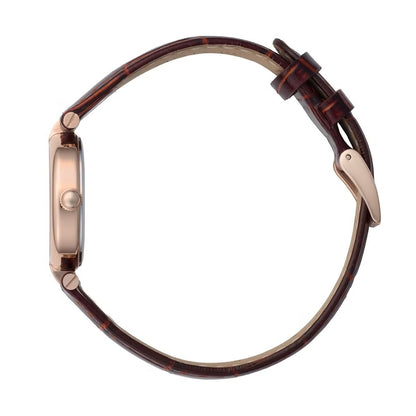 AURA ROUND ROSE GOLD BROWN LEATHER